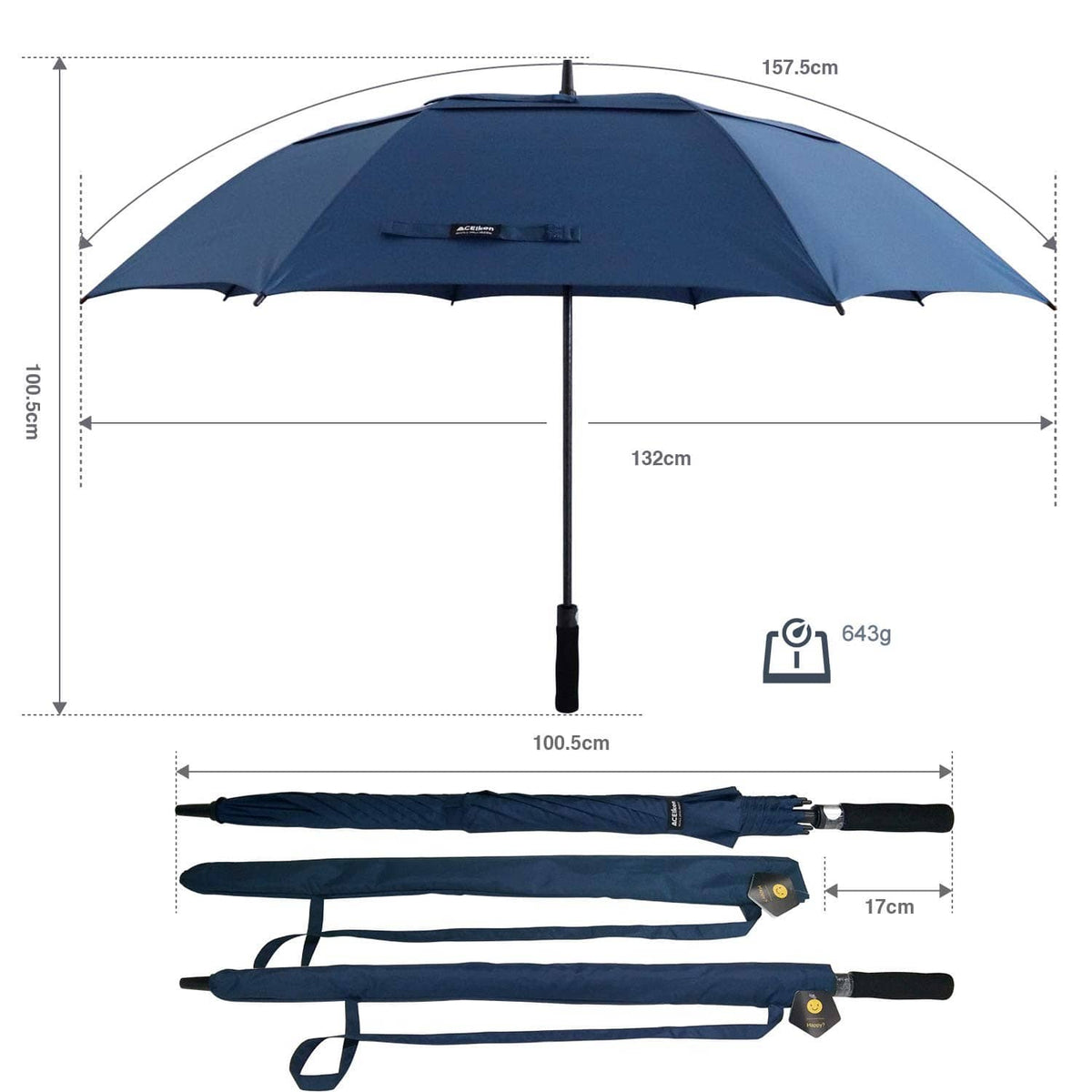 72-inch blue golf umbrella with black shaft and protective carrying sleeve