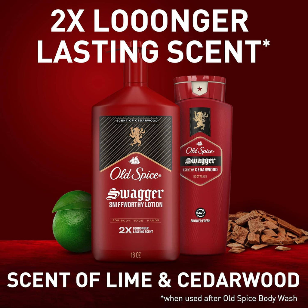 Old Spice Swagger snifworthy lotion bottle with matching smaller bottle beside it