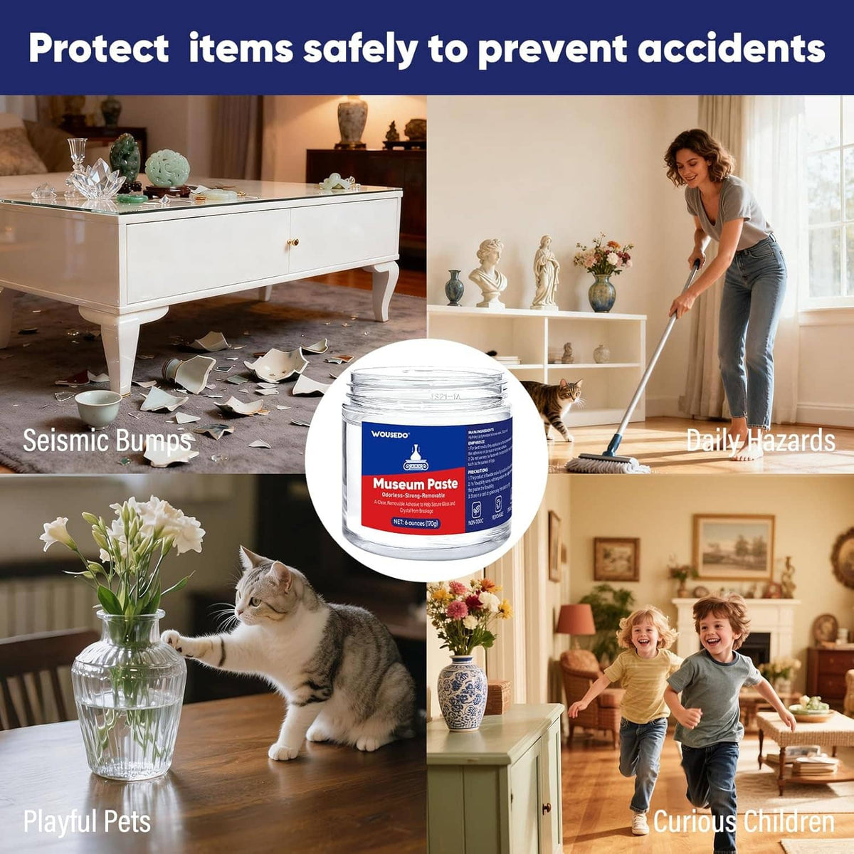 Museum paste jar on tabletop with collectibles and figurines for safe display mounting