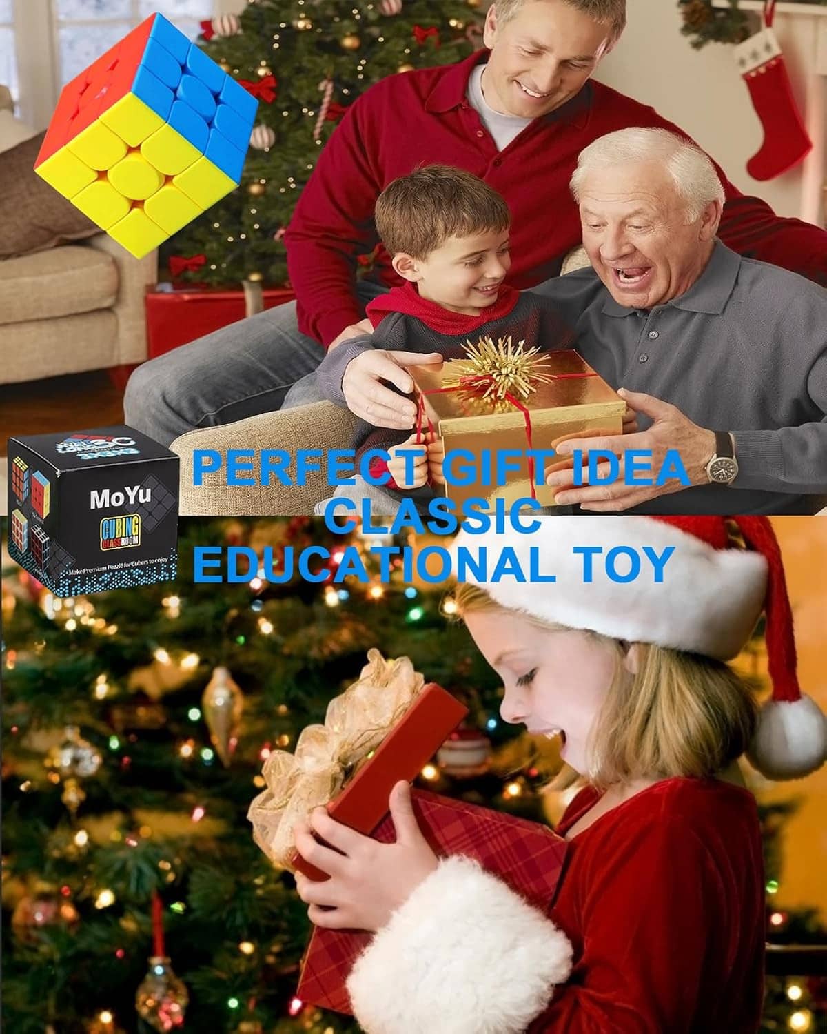 Stickerless 3x3 speed cube near a family, blue and yellow faces with red edges