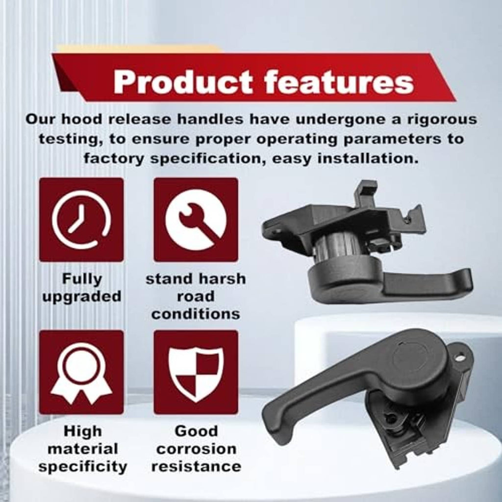 Hood release handle and latch assembly shown with feature callouts, dark gray parts