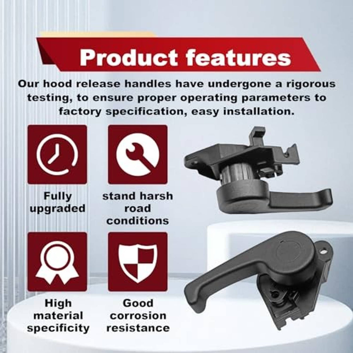 Hood release handle and latch assembly shown with feature callouts, dark gray parts