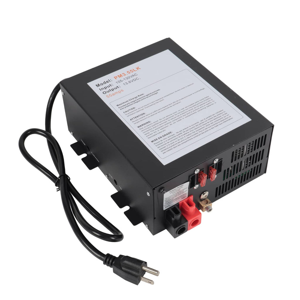 RV power converter with instruction label, power plug, and red 12V output terminals