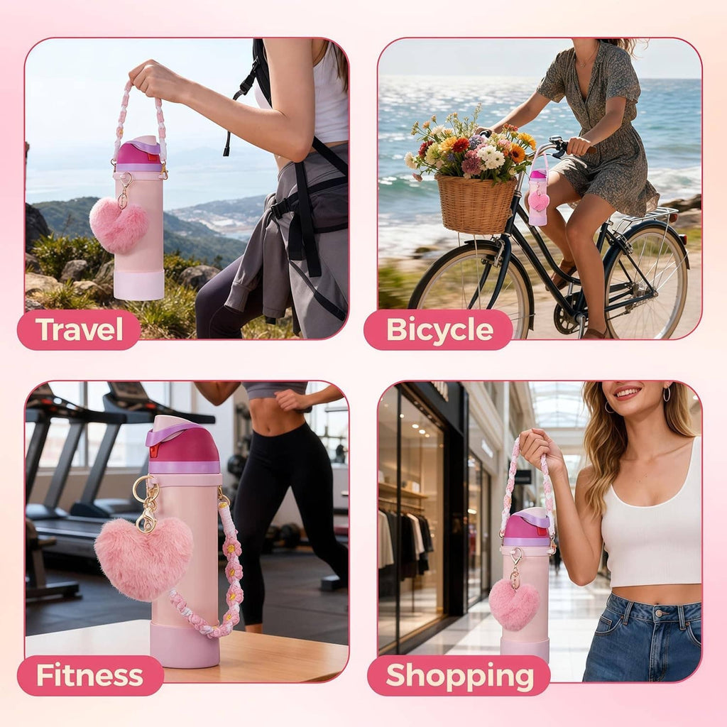 Owala Freesip strap accessories on bottles for travel, cycling, fitness, and shopping