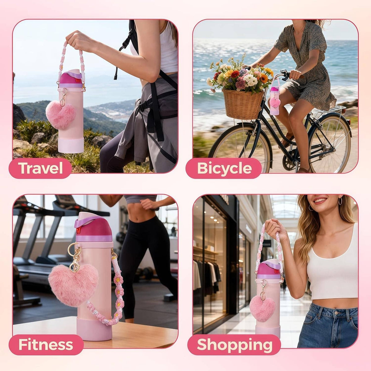 Owala Freesip strap accessories on bottles for travel, cycling, fitness, and shopping