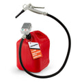 Red fuel transfer pump with hand-trigger nozzle, black rubber hose, and gray control box
