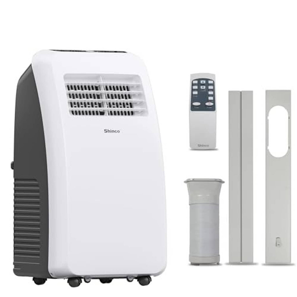 White portable air conditioner with included window kit parts and remote control