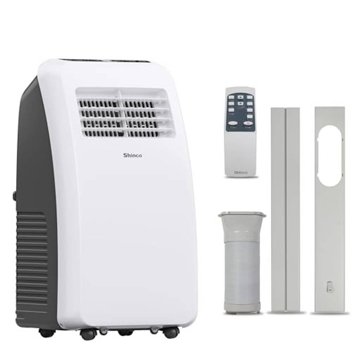 White portable air conditioner with included window kit parts and remote control