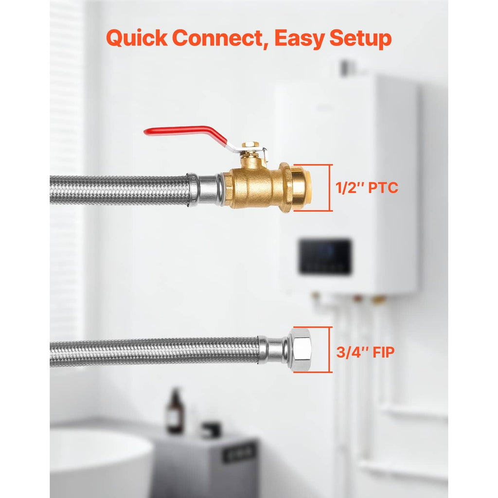 Water heater hose kit with brass ball valve and labeled 1/2 PTC and 3/4 FIP ends