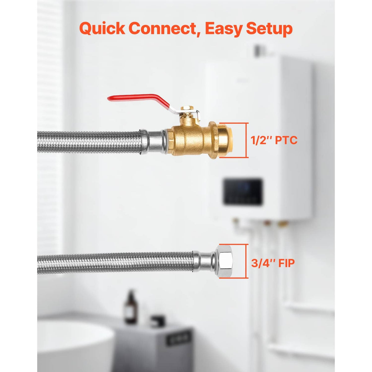 Water heater hose kit with brass ball valve and labeled 1/2 PTC and 3/4 FIP ends