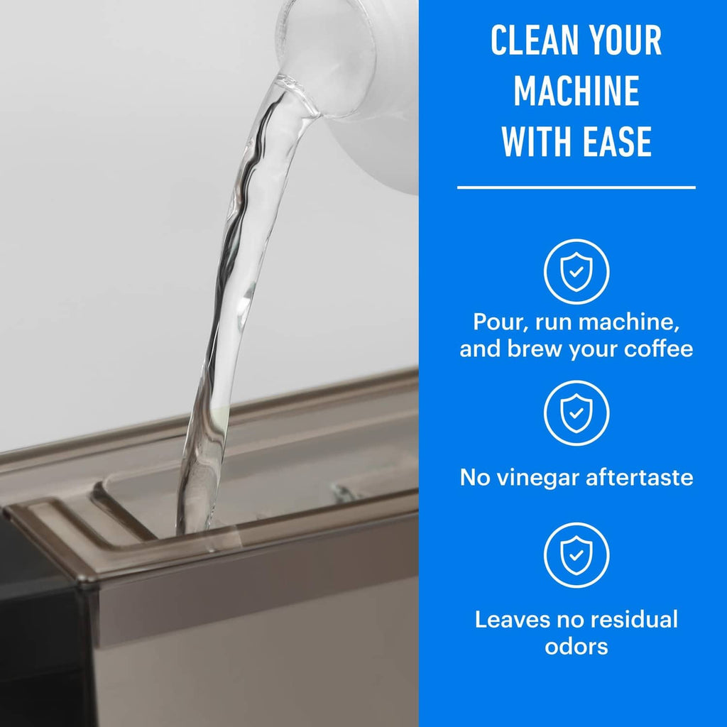 Descaling solution bottle with white cap next to a stream of water