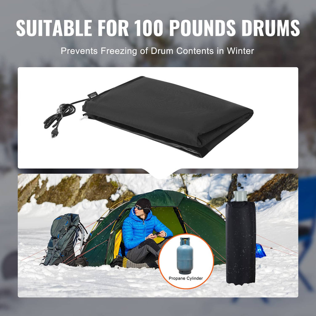 Black insulated gas cylinder warmer wrap with power cord and connected propane cylinder.