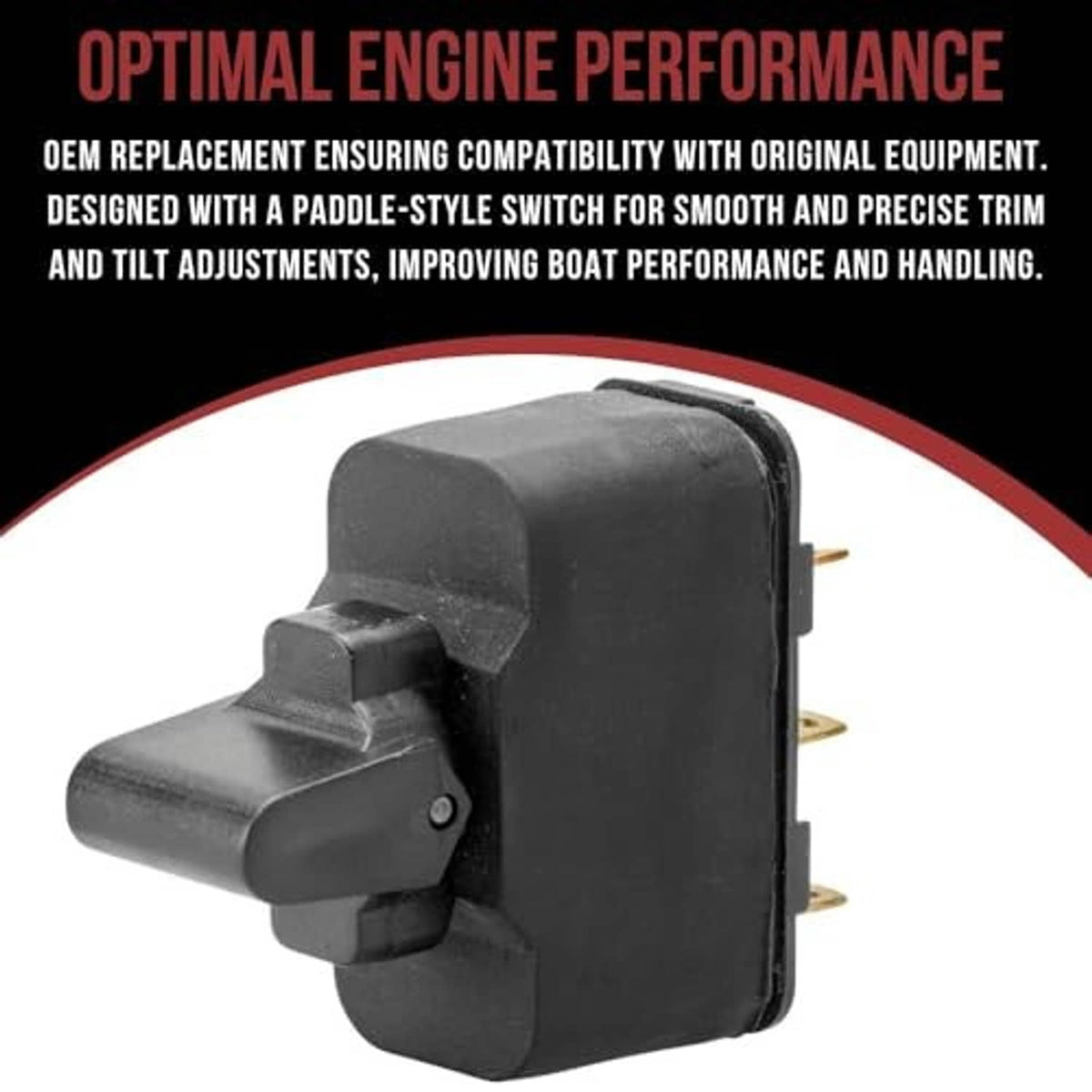 Black remote trim tilt paddle switch with angled housing and three terminals