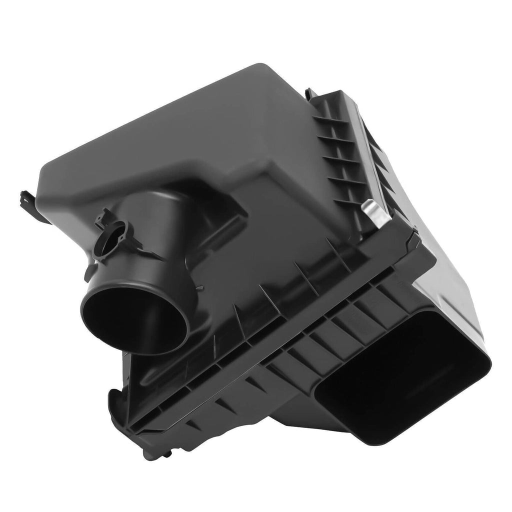 Air cleaner intake housing box, black plastic, angled view showing large round inlet