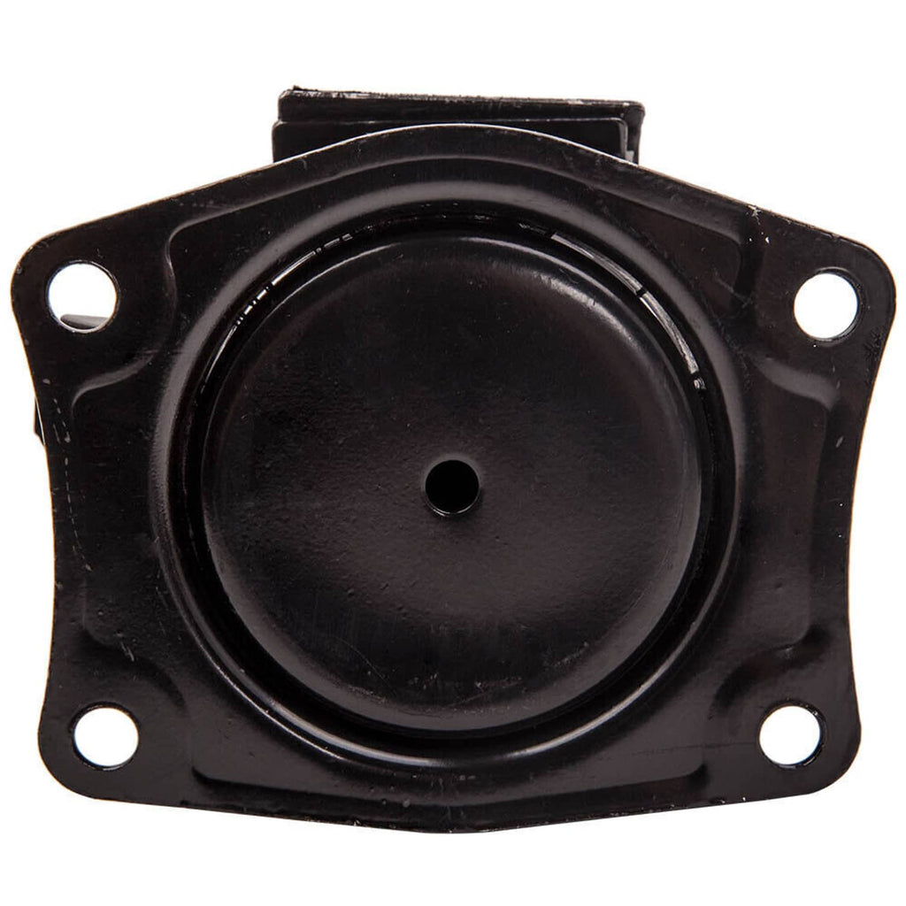 Black circular engine mount bushing with four bolt holes on a square plate