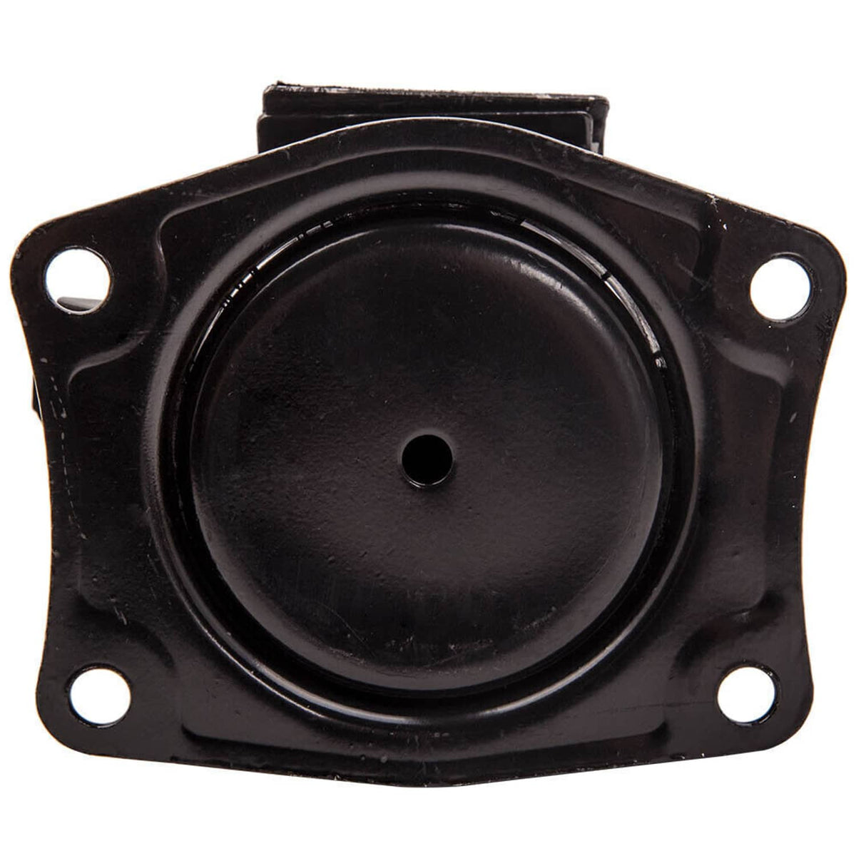 Black circular engine mount bushing with four bolt holes on a square plate