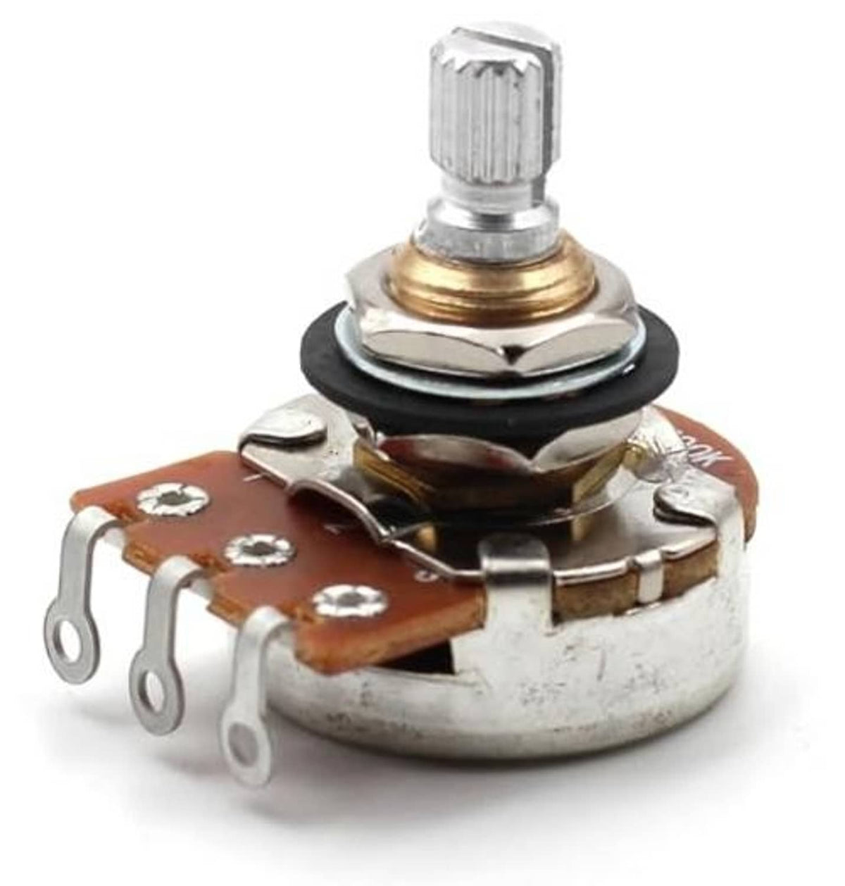 Audio taper potentiometer with short split shaft, metal casing, and orange terminal PCB
