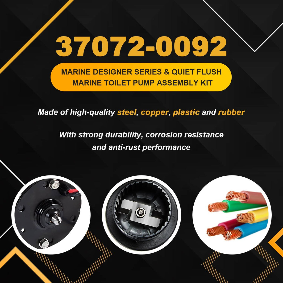 Marine toilet pump assembly kit showing pump components with black motor and connector parts