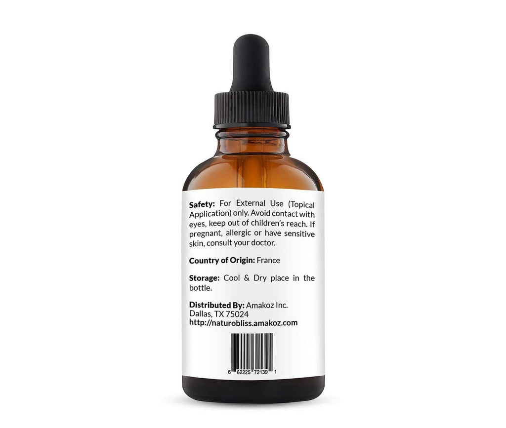 Amber lavender essential oil bottle with safety and origin information label