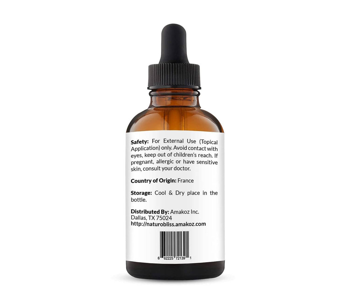 Amber lavender essential oil bottle with safety and origin information label
