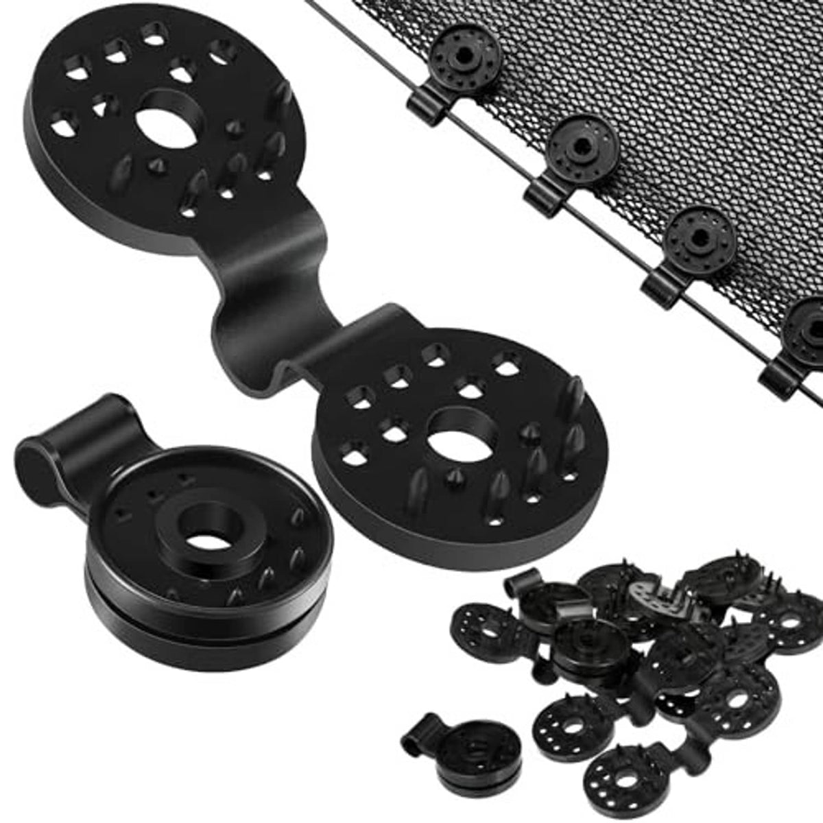 Black round plastic shade cloth clips with perforated plates, pins, and additional fasteners