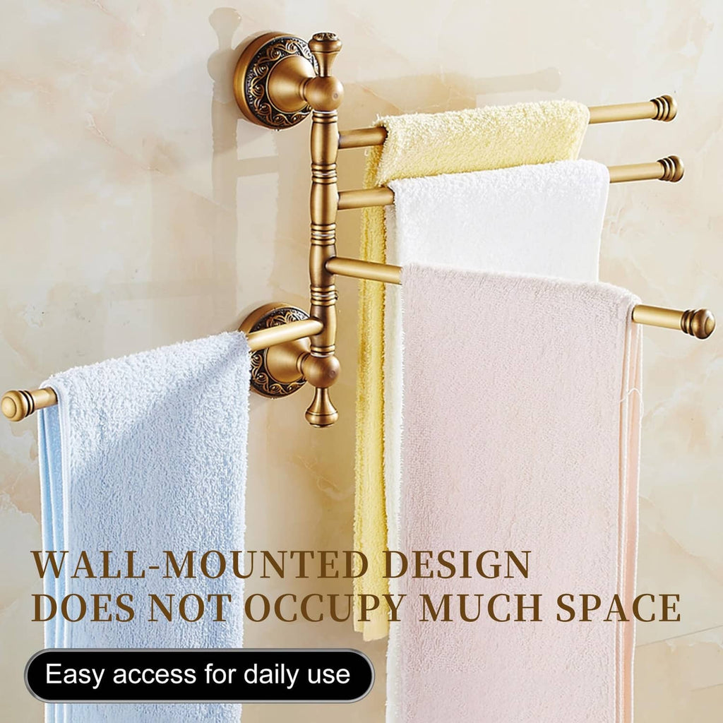 Wall-mounted 4-bar towel rack with ornate antique bronze plates, holding three towels.