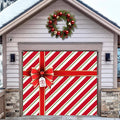 Red and green striped garage door cover with large bow and hanging tag