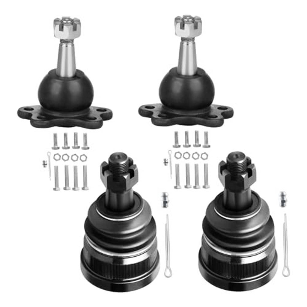 Four-piece ball joint set with black rubber boots, steel ball studs, and mounting clips