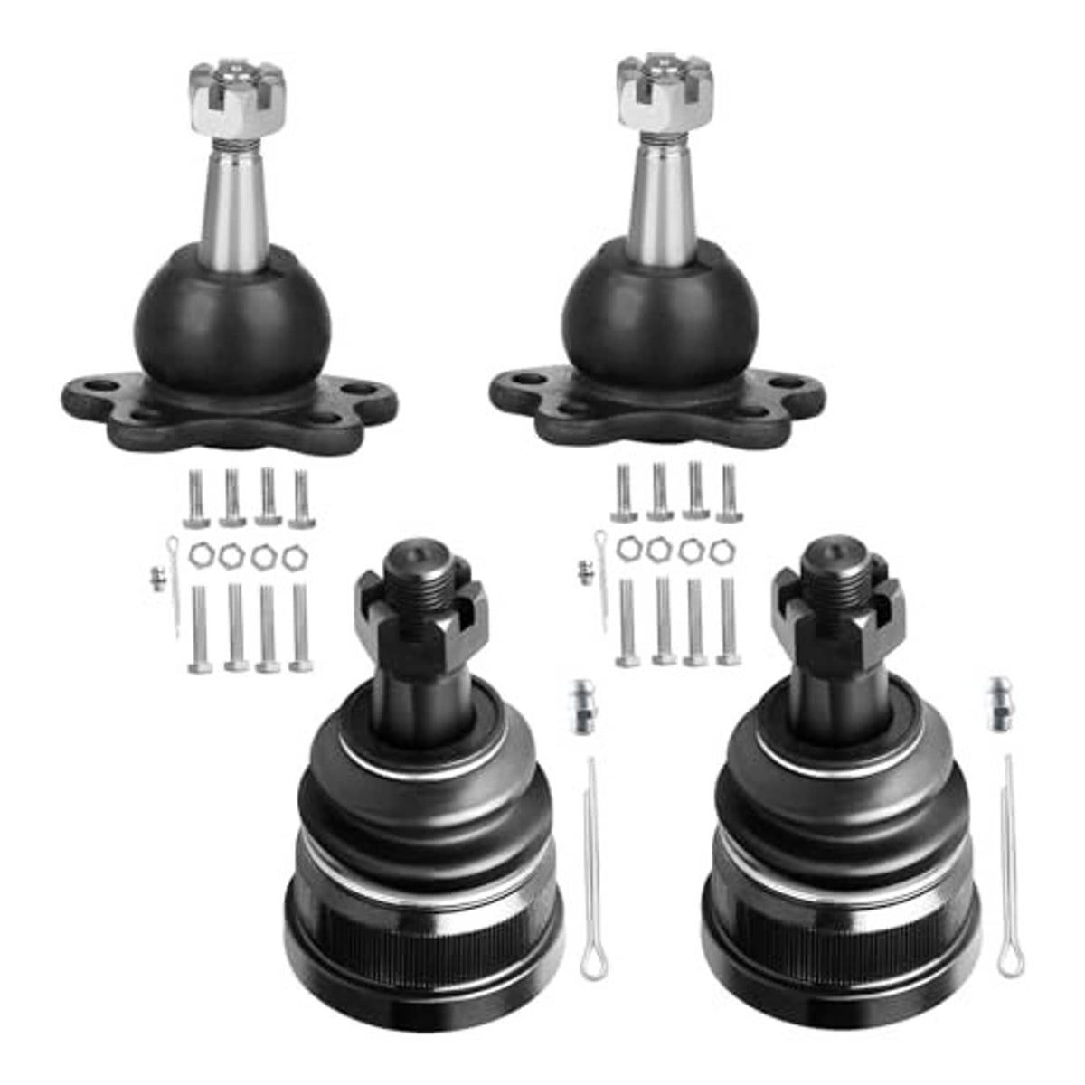 Four-piece ball joint set with black rubber boots, steel ball studs, and mounting clips