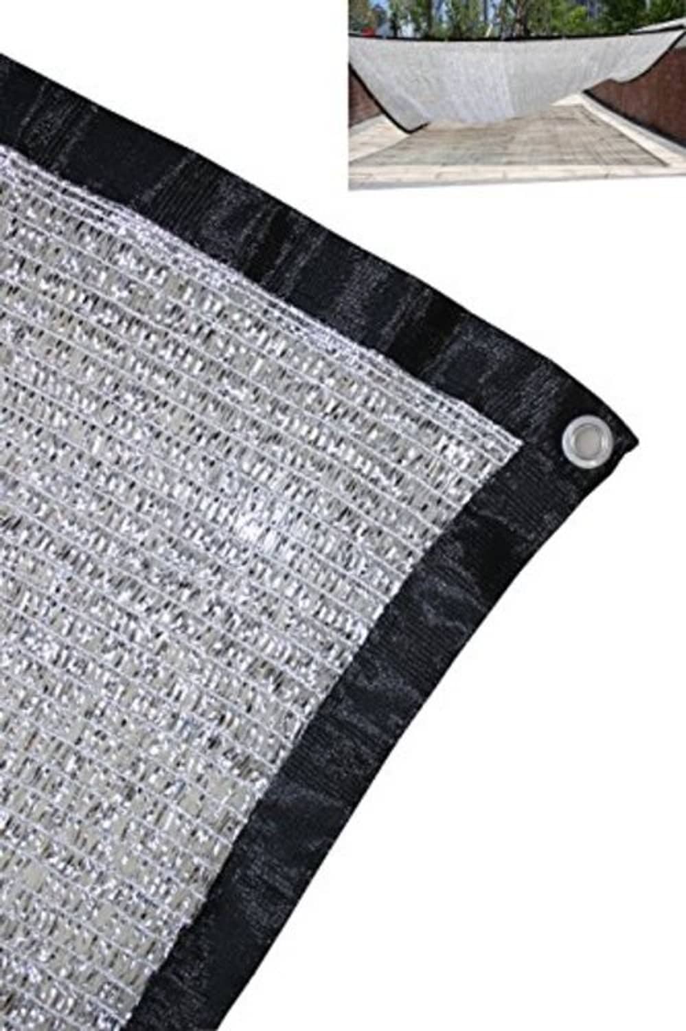 Aluminum shade cloth panel with grommet, silver mesh on black border