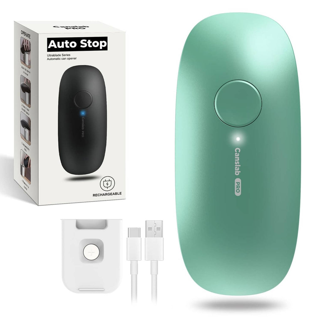 Rechargeable teal can opener with auto-stop, included charging cable and base.