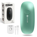 Rechargeable teal can opener with auto-stop, included charging cable and base.