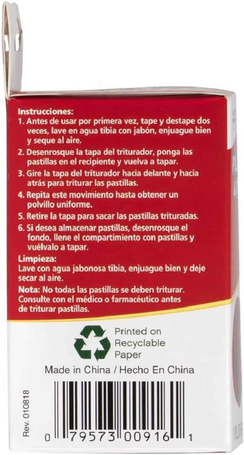 Pill crusher and container box with instruction panel on the back