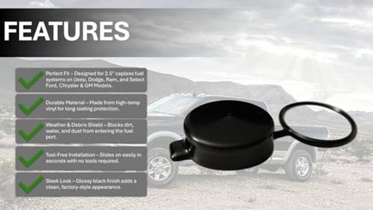 Capless gas cap cover kit with tethered black cover and sealing ring