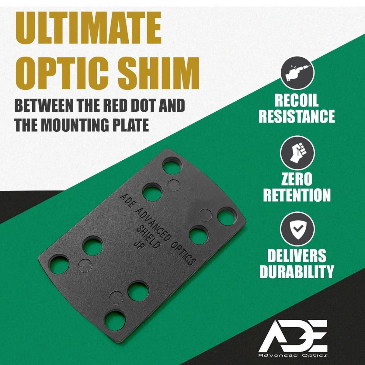 Dark gray optic shim plate with five holes and four green threaded inserts