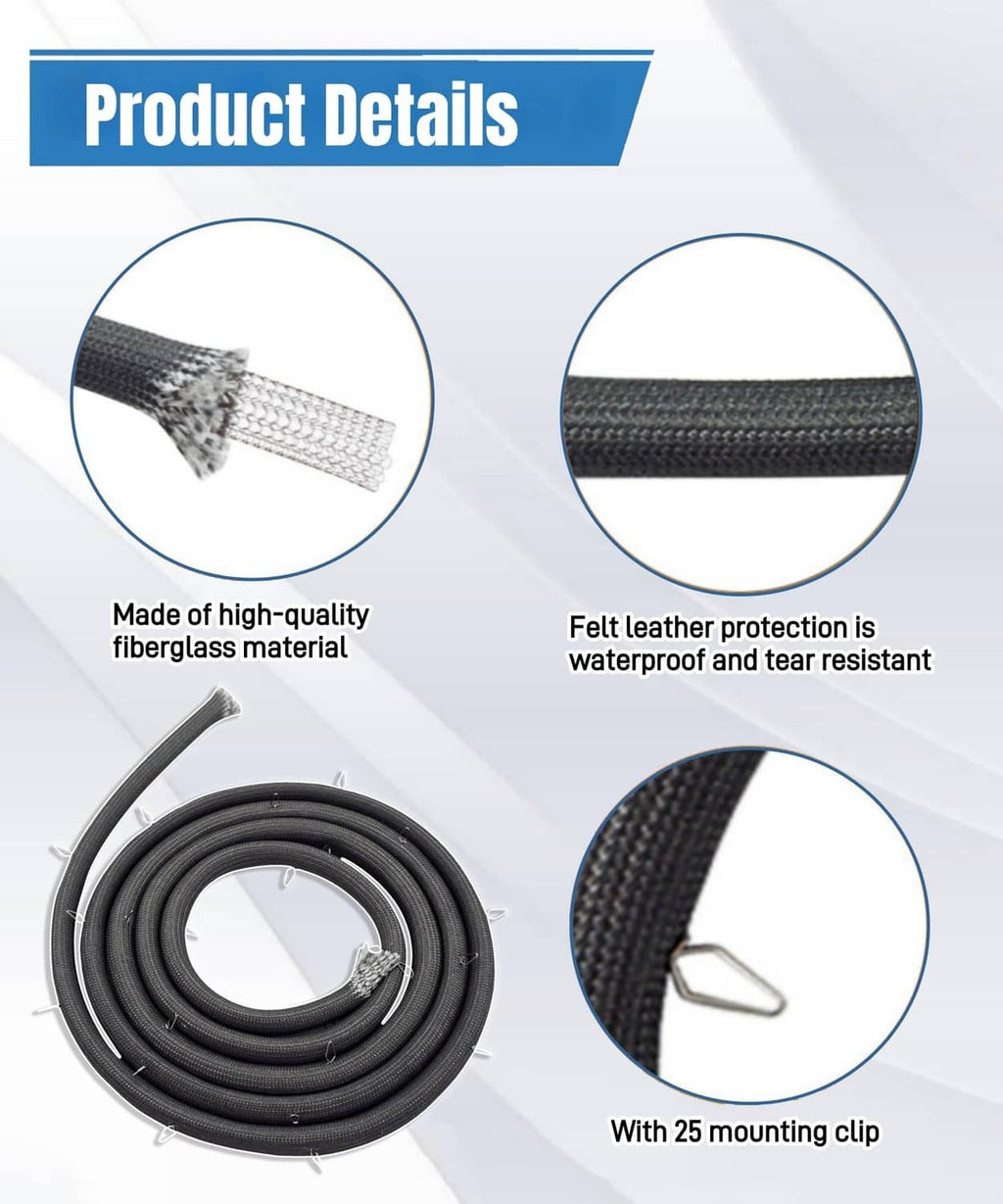 Black oven door gasket rope with 25 mounting clips and protective felt edge