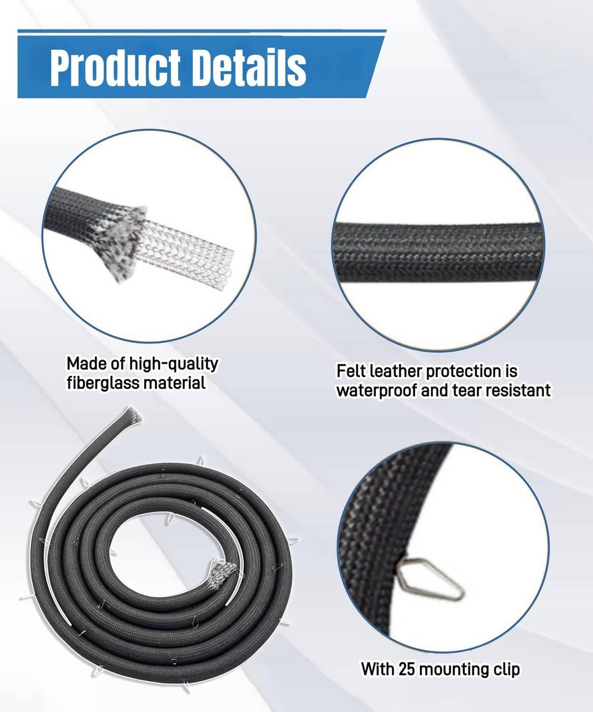 Black oven door gasket rope with 25 mounting clips and protective felt edge