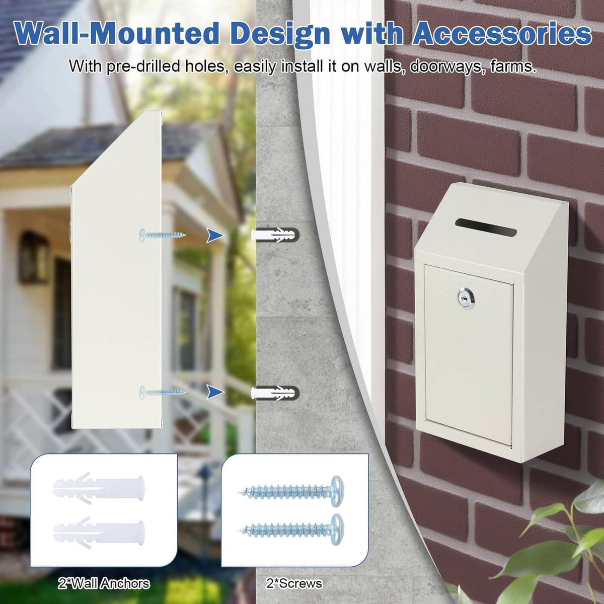 White wall-mounted cash drop box with lock, keys, and pre-drilled mounting panel