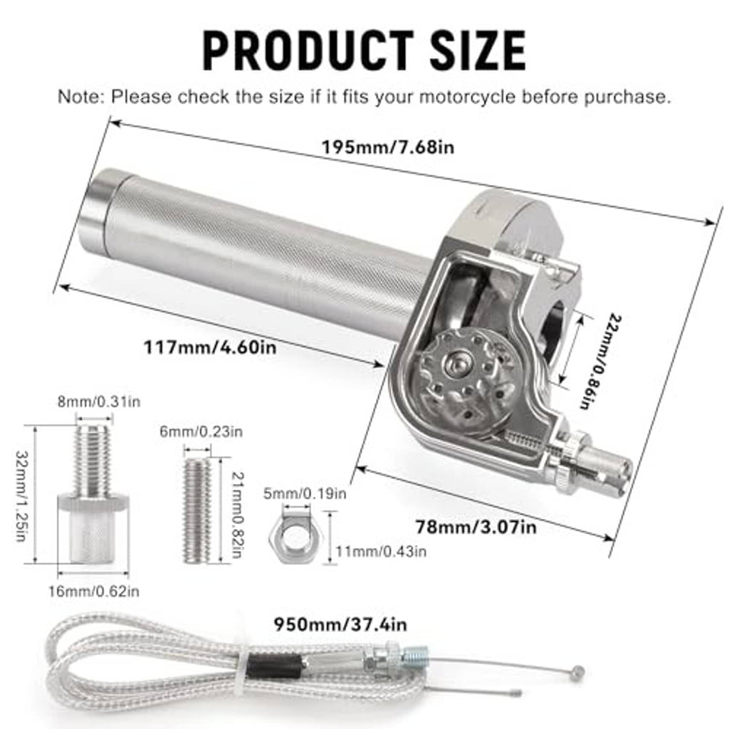 Throttle kit size diagram with overall and mounting dimensions for 22mm handlebars