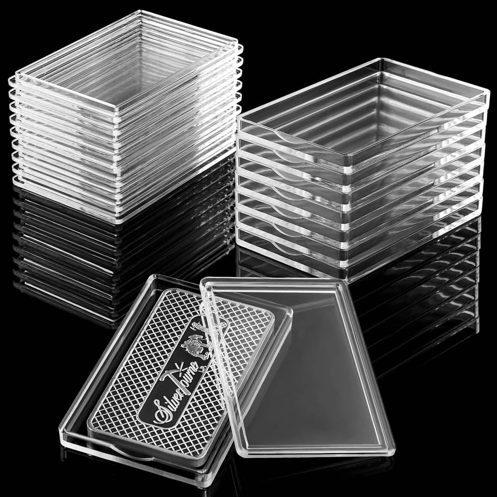 Set of clear acrylic silver bar holders with open tray and stacked cases