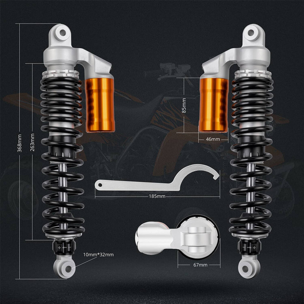 Pair of adjustable air shocks with black springs and orange cylindrical reservoirs