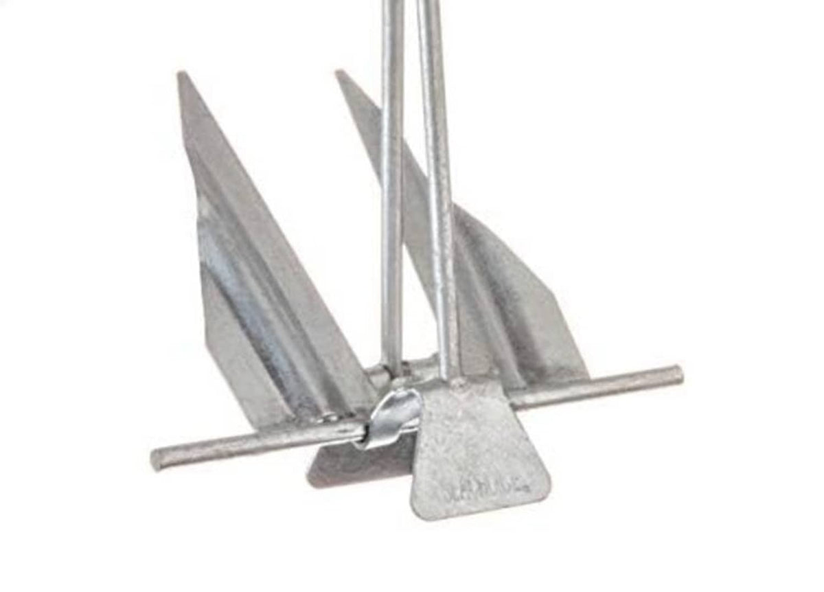 Steel boat anchor with ring shackle, slip shank, and two flukes with base