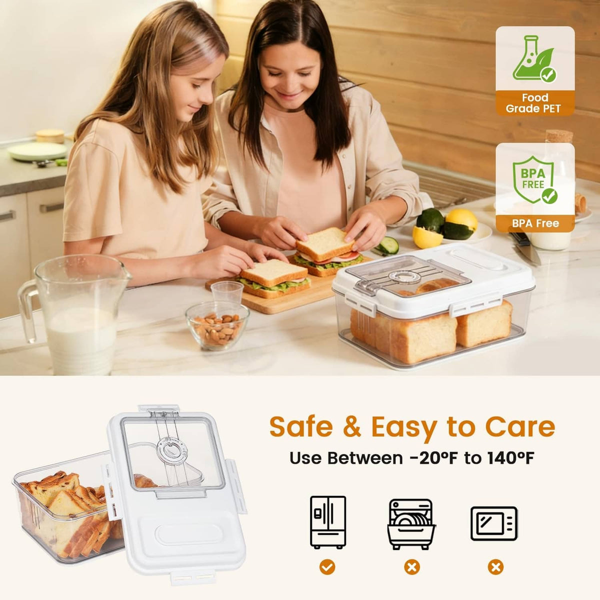 BPA-free bread box with clear lid for safe, easy care and storage
