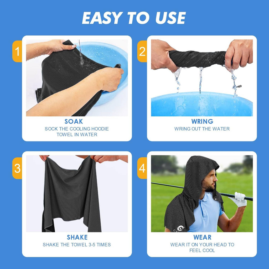 Black cooling hoodie towel being soaked and wrung, with hood and snap buttons