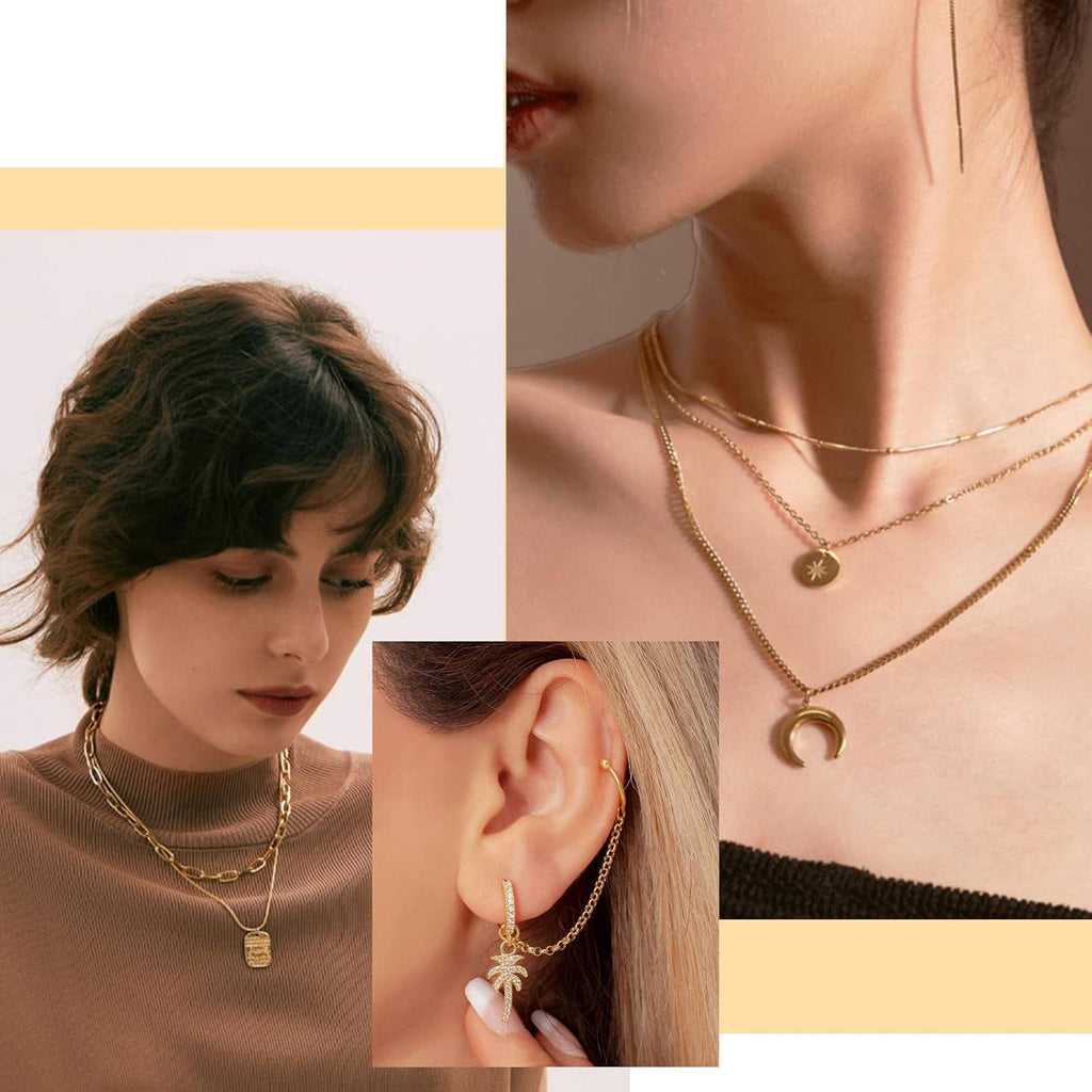 Gold tone necklaces on a model with small pendants and chain links