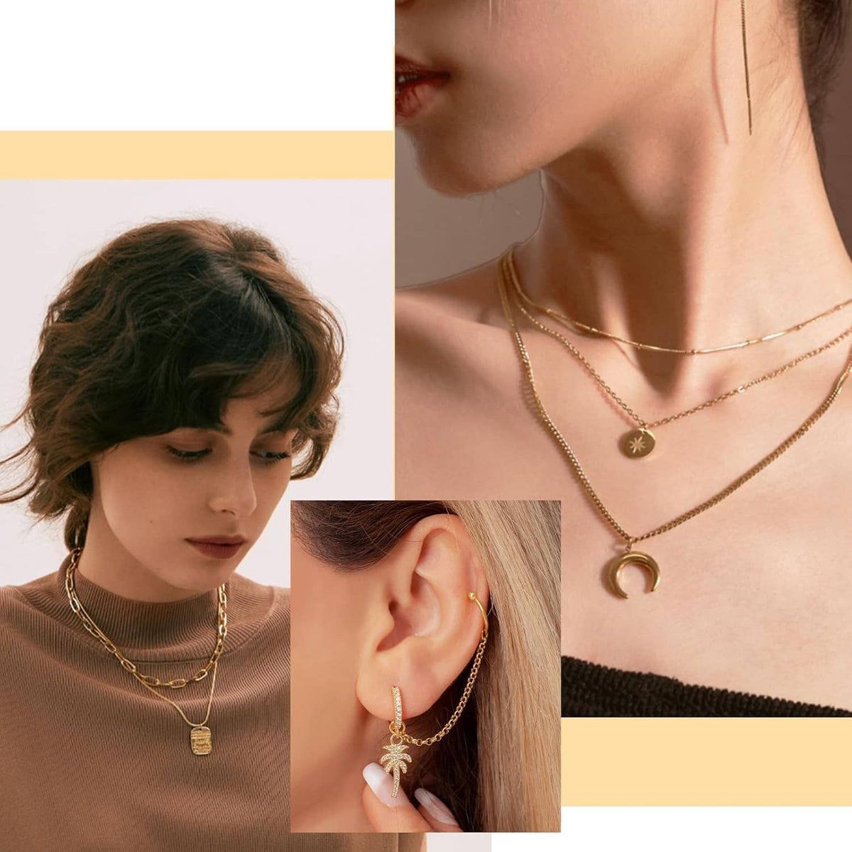 Gold tone necklaces on a model with small pendants and chain links