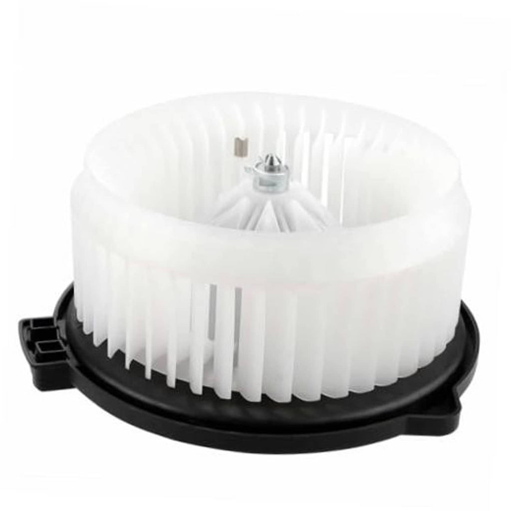 White plastic AC heater blower motor fan with metal shaft, mounted on black base