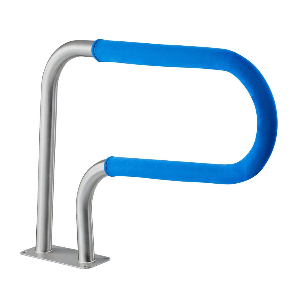 Stainless steel pool handrail with blue foam U-shaped grip and mounting base