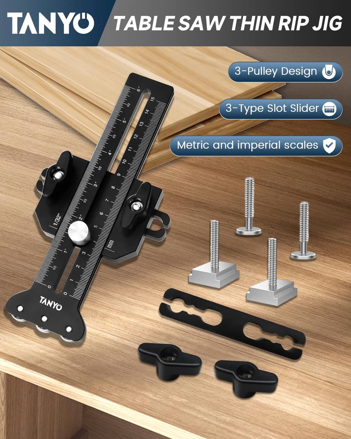 Black table saw thin rip jig guide with included slot slider parts and mounting bolts