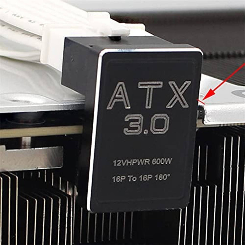 Close-up of ATX 3.0 12VHPWR 600W power adapter module on PC components